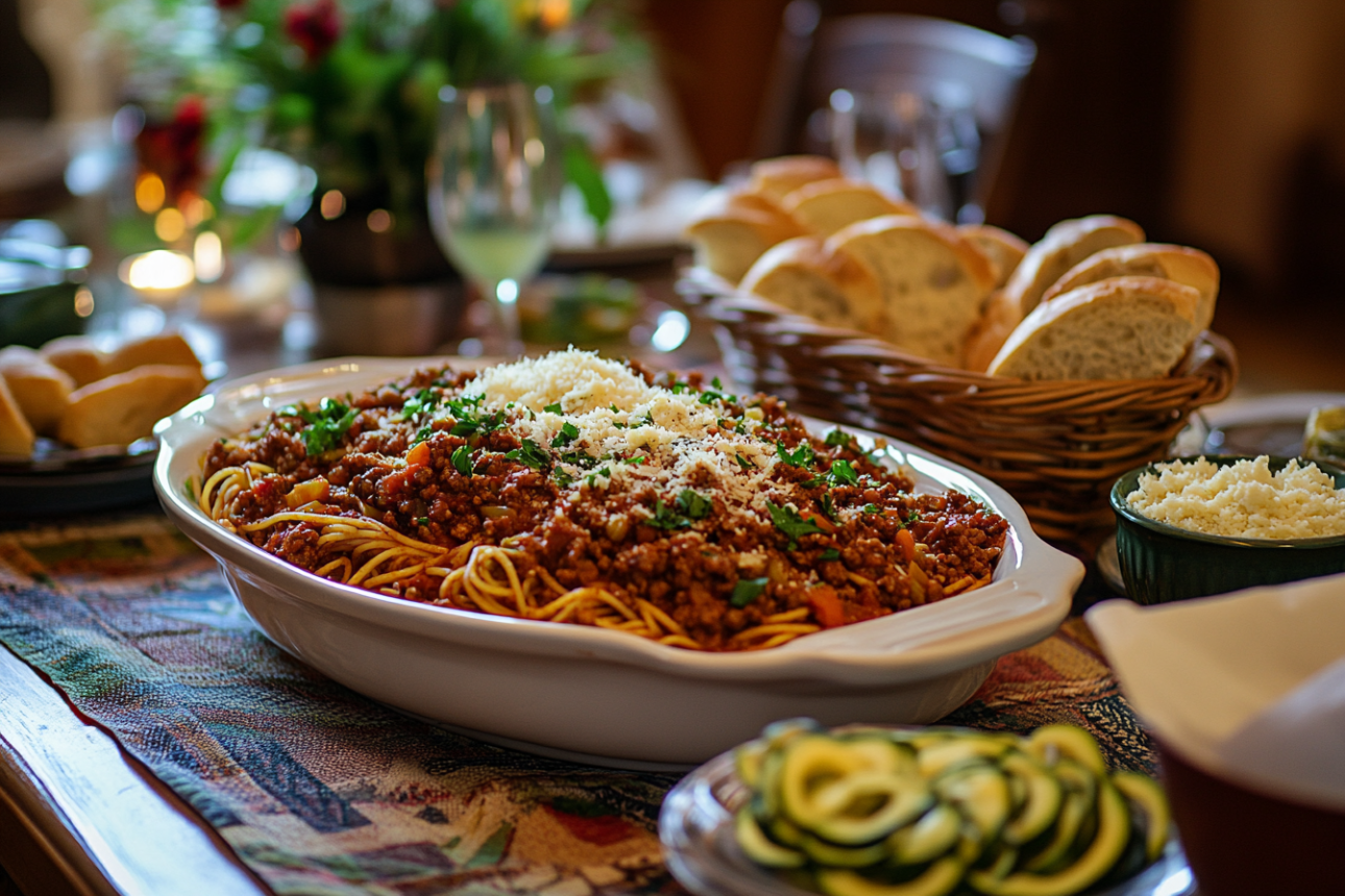 A bowl of healthy spaghetti bolognese made with whole wheat pasta, rich tomato sauce, lean ground meat, and fresh basil, served in a white dish.