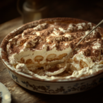 Tiramisu in a glass dish, a classic Italian dessert.