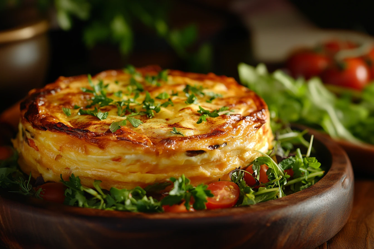 A beautifully baked tortilla quiche with a golden crust, layered with creamy eggs, melted cheese, and sautéed vegetables, garnished with fresh parsley and paprika, served on a rustic wooden platter alongside a side of mixed greens and cherry tomatoes