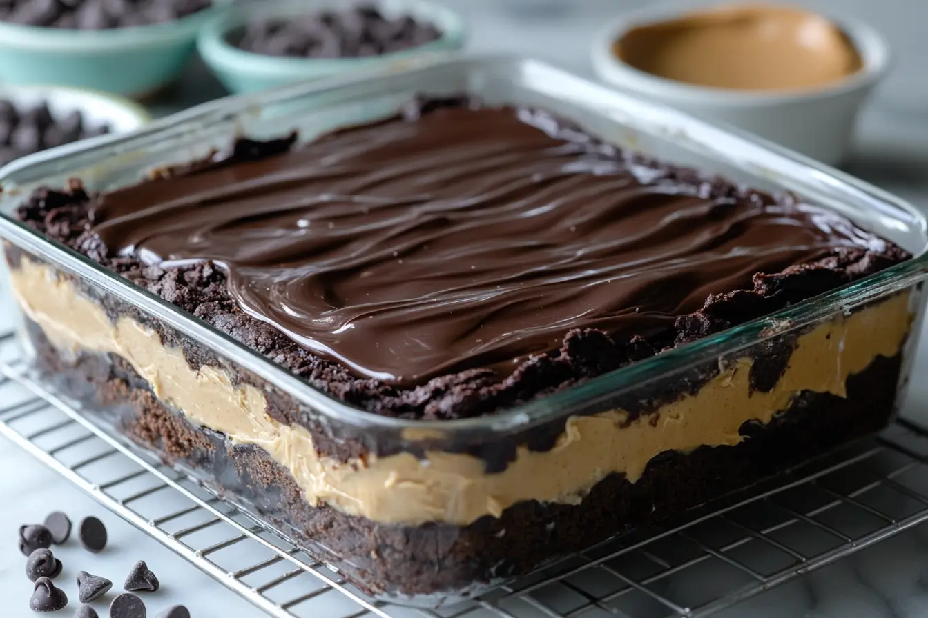 Buckeye Brownies in a baking dish with visible layers.