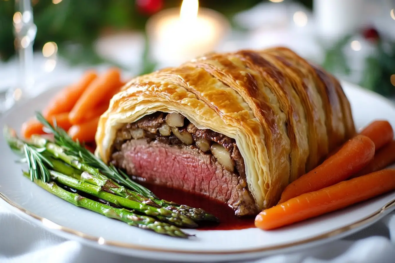 A gourmet Beef Wellington served on a sleek black plate. The golden puff pastry encases tender beef fillet layered with mushroom duxelles and prosciutto. Garnished with fresh thyme, the dish is presented under moody lighting, evoking an elegant fine-dining atmosphere.