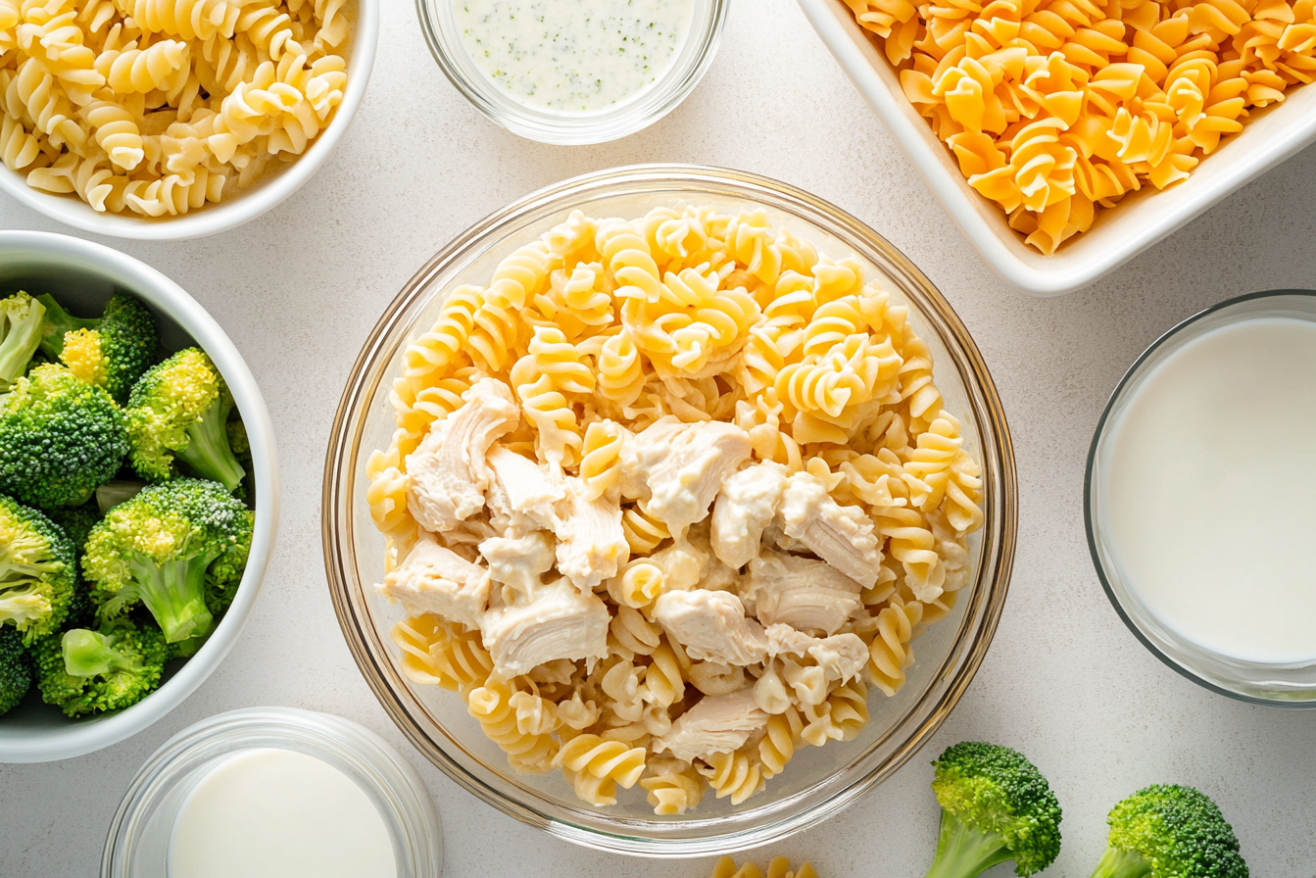 Ingredients for chicken casserole including pasta, broccoli, chicken, shredded cheese, and cream of chicken soup neatly arranged on a counter