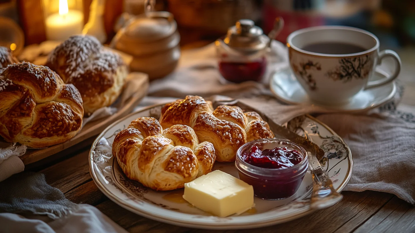 A breakfast spread featuring Gipfeli pastries, coffee, and jam.