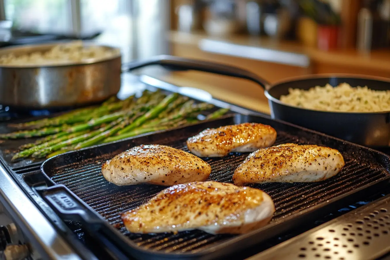 Chicken breasts grilling alongside asparagus and rice cooking in a pot.