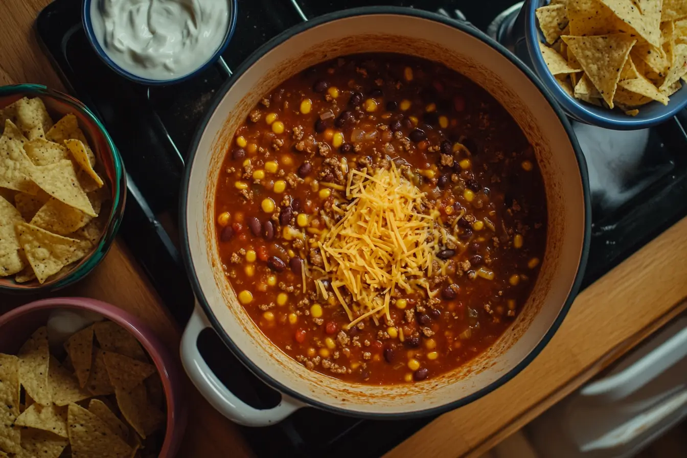 Pot of taco soup bubbling on the stovetop with toppings nearby.