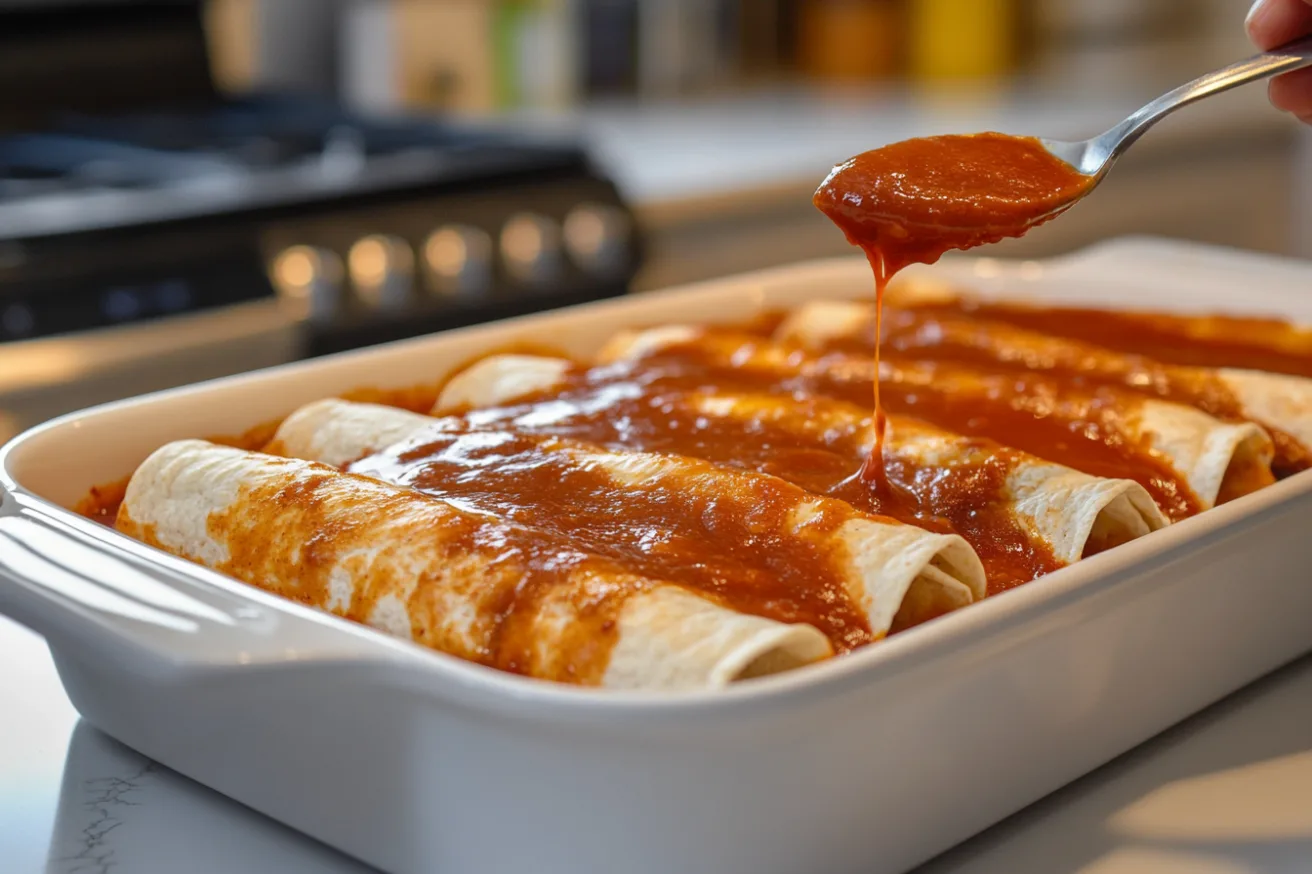 A baking dish of enchiladas being coated in red sauce on a clean white countertop.