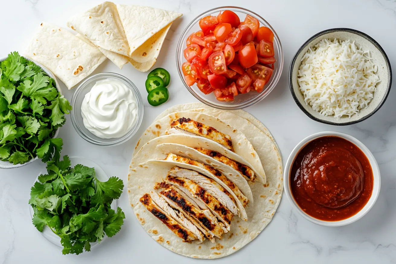 An overhead view of fresh enchilada ingredients, including tortillas, grilled chicken, cheese, tomatoes, jalapeños, cilantro, sour cream, enchilada sauce, and rice, all neatly arranged on a clean white marble countertop in a modern kitchen.