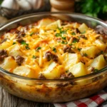 A casserole dish filled with browned ground beef, diced potatoes, and shredded cheese, beautifully assembled and ready to be baked.