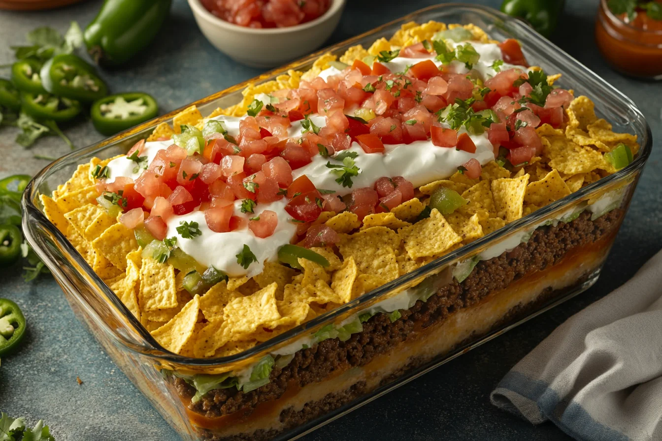 A glass casserole dish filled with layers of seasoned ground beef, refried beans, cheese, sour cream, tomatoes, peppers, and tortilla chips.