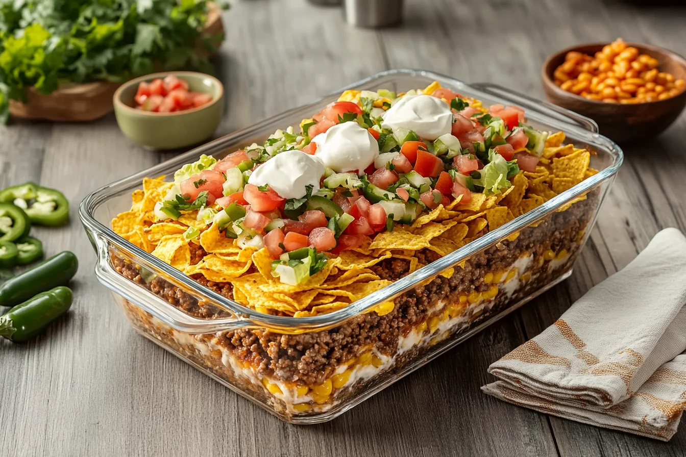 Walking taco casserole recipe served with Mexican rice and guacamole.