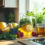 Fresh ingredients for the Natural Mounjaro Drink, including herbs, fruits, honey, and a glass pitcher on a wooden countertop.