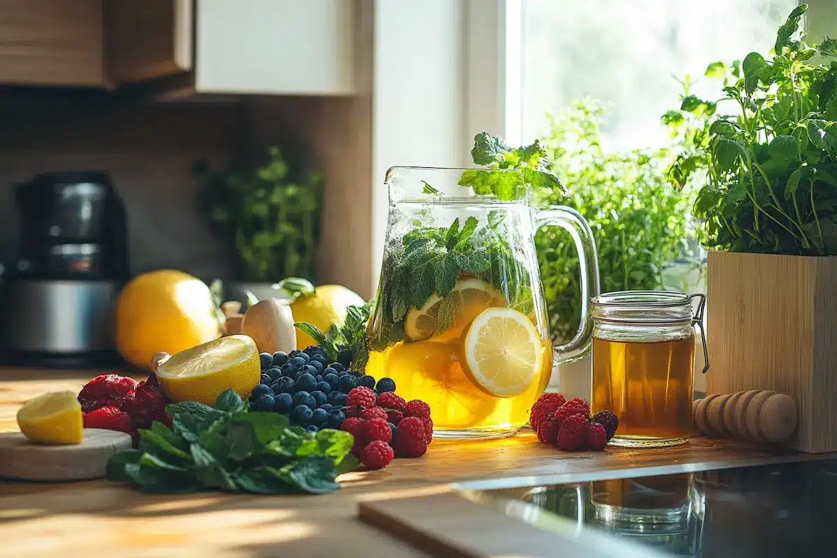 Fresh ingredients for the Natural Mounjaro Drink, including herbs, fruits, honey, and a glass pitcher on a wooden countertop.