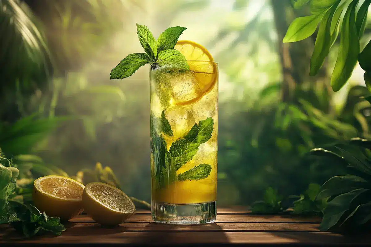 A tall glass of Natural Mounjaro Drink garnished with mint and lemon, placed on a wooden table with sunlight and greenery in the background.