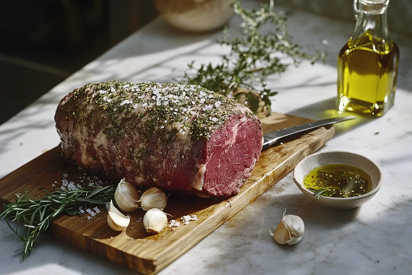 Raw seasoned bottom round roast with herbs and garlic on a cutting board.