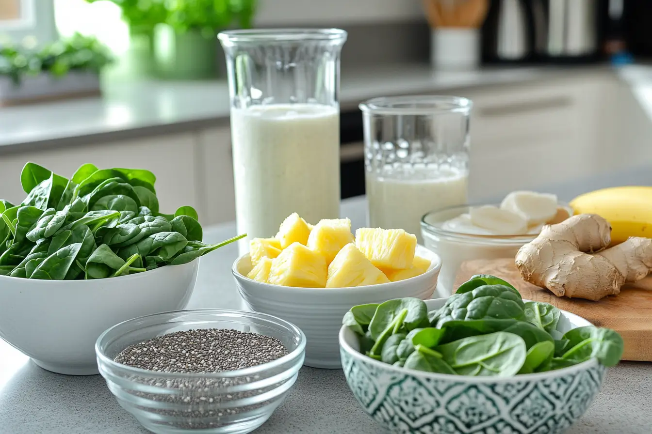 Fresh ingredients for a homemade nutrient-packed smoothie on a kitchen counter.