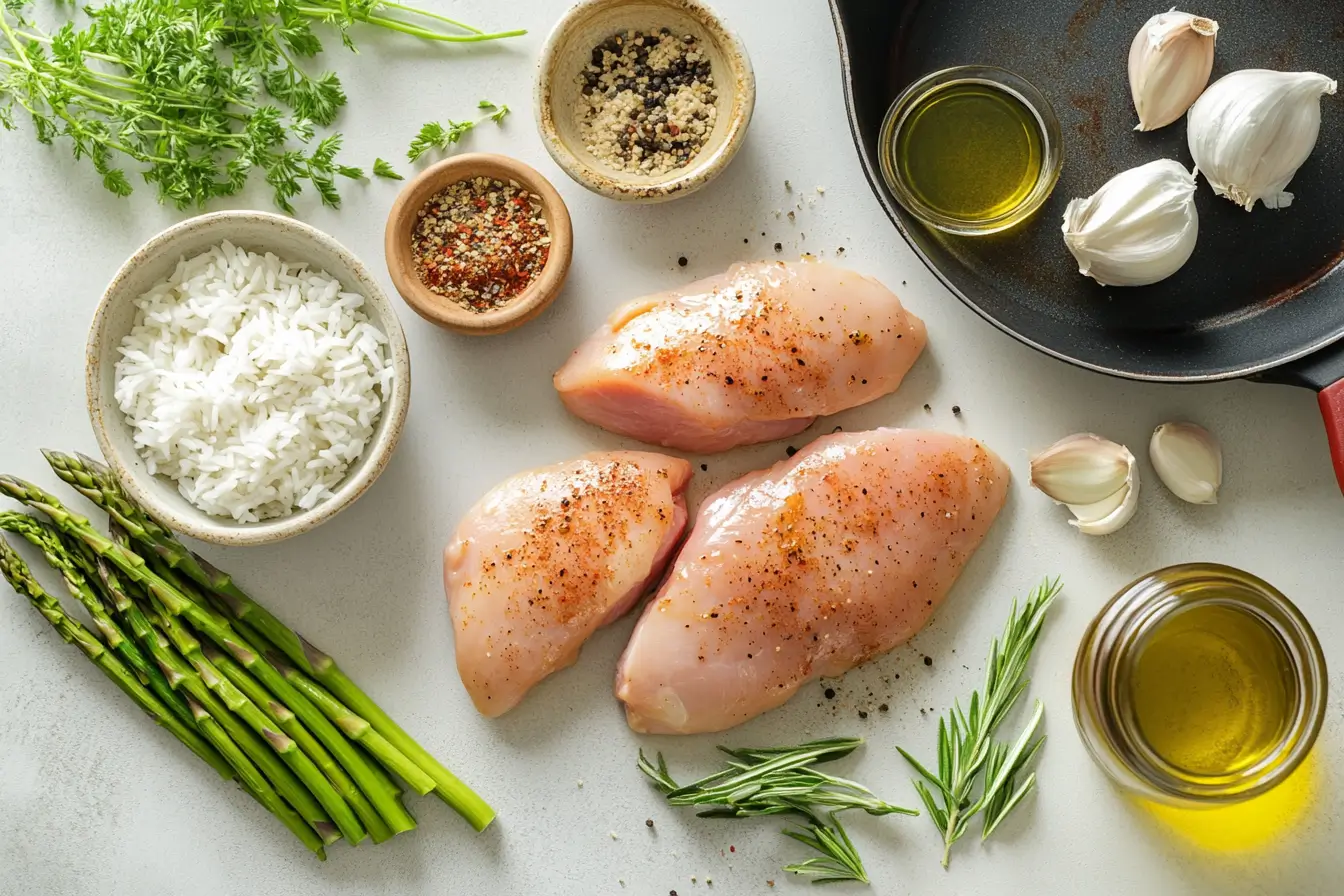 Fresh chicken, rice, and asparagus ready for preparation.