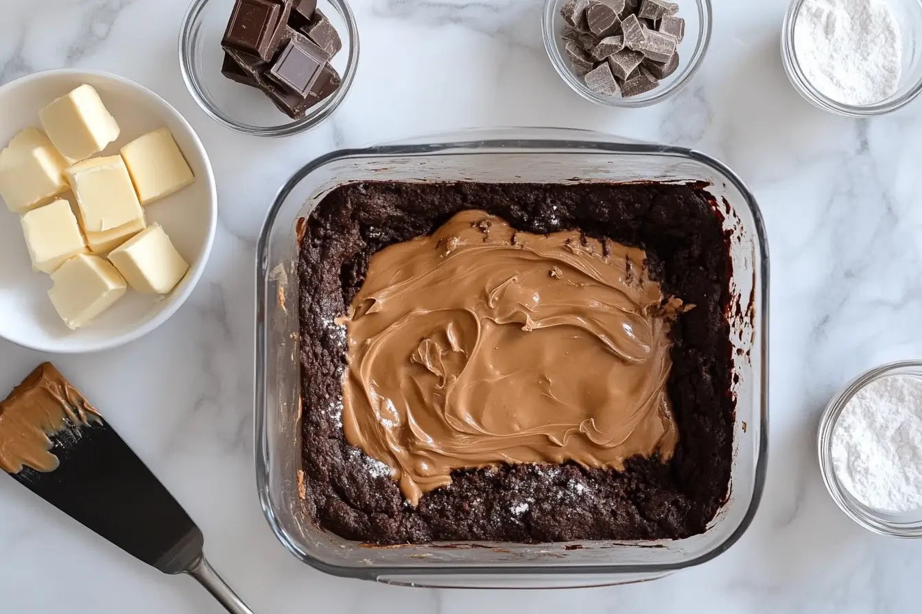 Ingredients for Buckeye Brownies arranged on a kitchen counter.