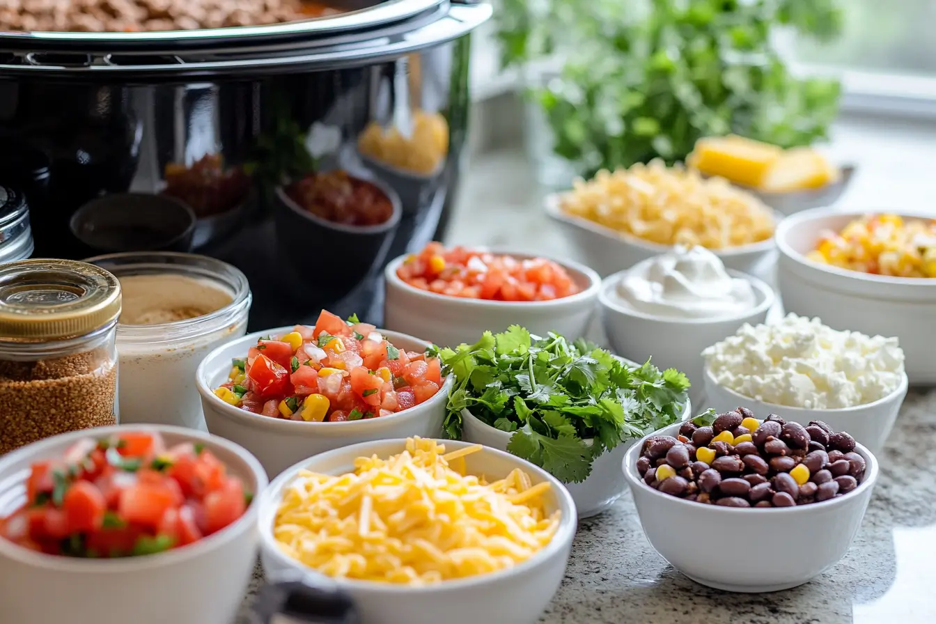 Ingredients for taco soup on a kitchen counter with a slow cooker.