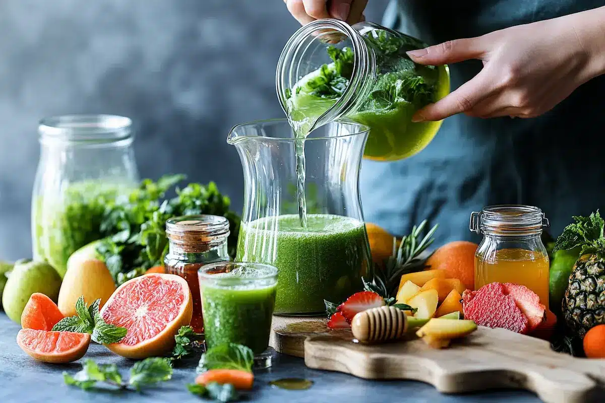 Hands pouring fresh juice into a glass pitcher surrounded by chopped fruits, mint, and honey.