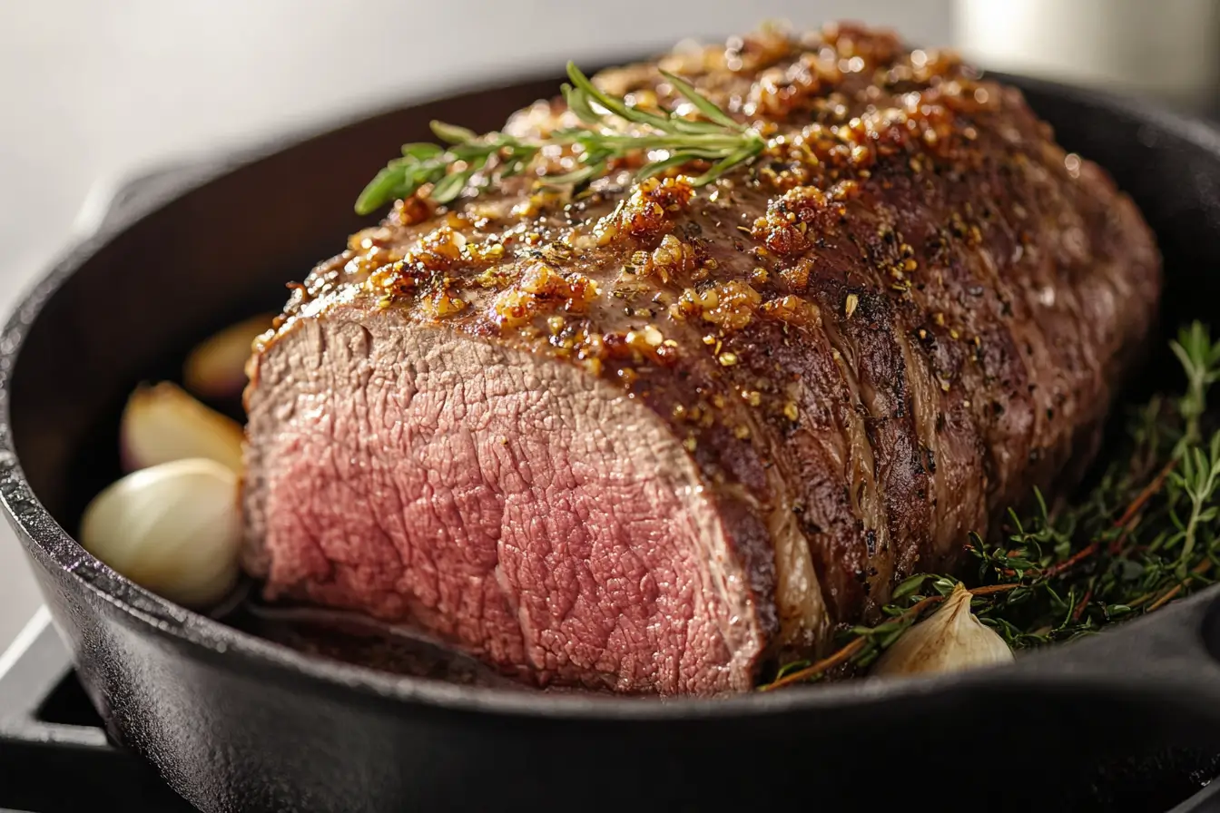 Bottom round roast searing in a cast-iron skillet with garlic and herbs.