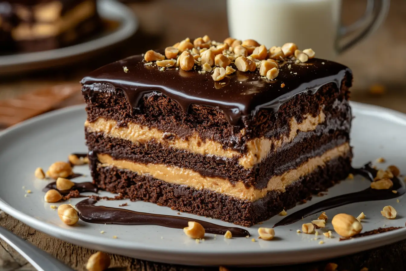 A plate of Buckeye Brownies with a glass of milk.