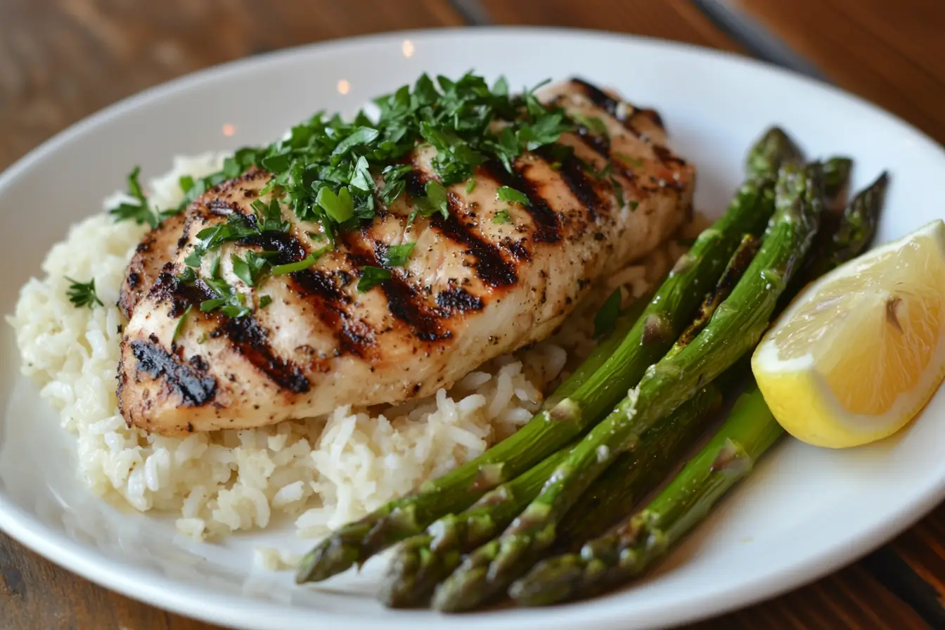 Grilled chicken with rice and asparagus served on a plate.