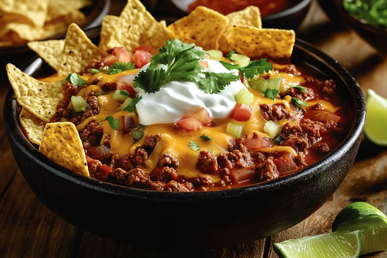 A bowl of taco soup with cheese, sour cream, and tortilla chips on top.