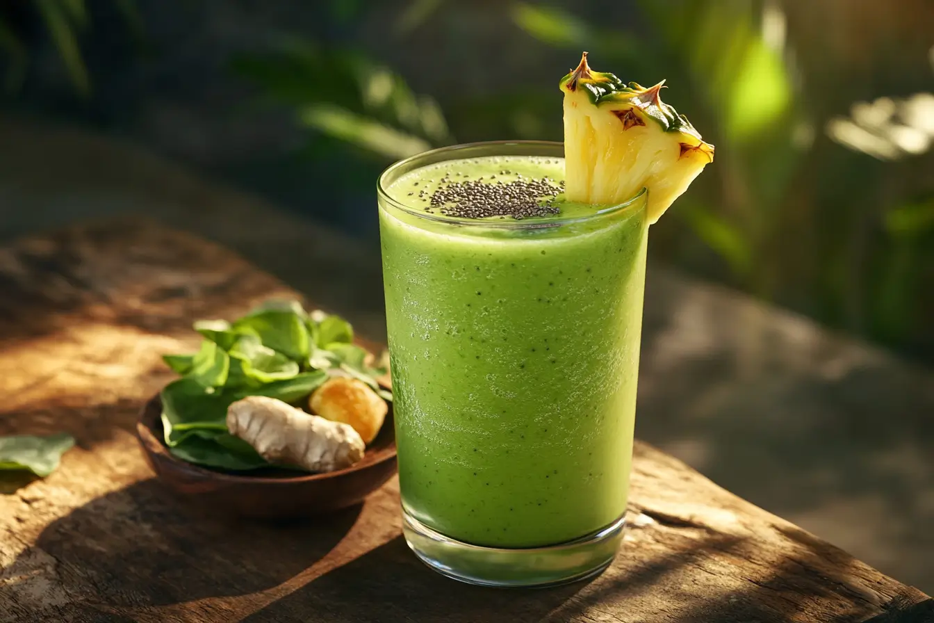 A vibrant green smoothie garnished with chia seeds and pineapple: Natural-Mounjaro