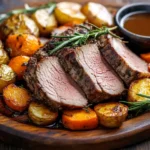 Sliced bottom round roast garnished with rosemary and served with vegetables.