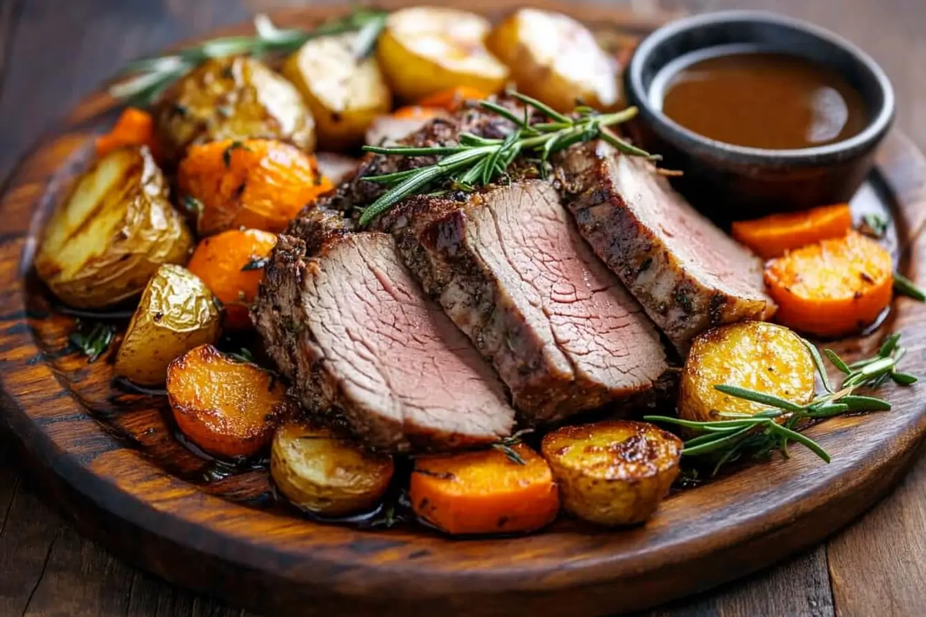 Sliced bottom round roast garnished with rosemary and served with vegetables.