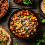 A delicious Ground Sausage Recipes for Dinner, casserole, tacos, and a sizzling skillet, set on a cozy, rustic wooden table.