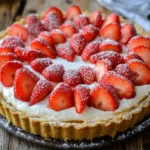 A fully assembled Strawberry Cream Pie with a graham cracker crust, creamy filling, and fresh sliced strawberries arranged on top, with a light dusting of powdered sugar.