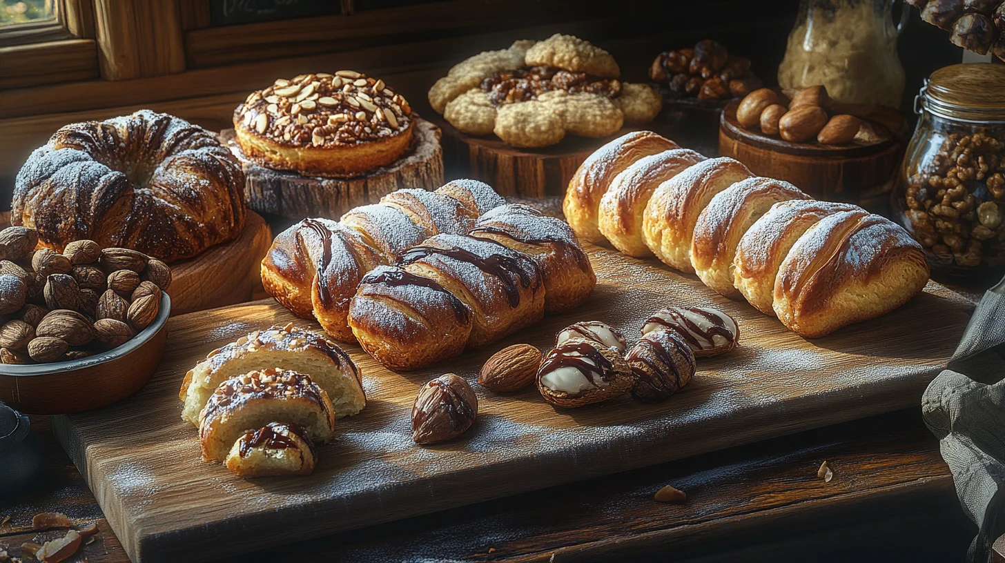 A wooden tray with different variations of Gipfeli pastries.