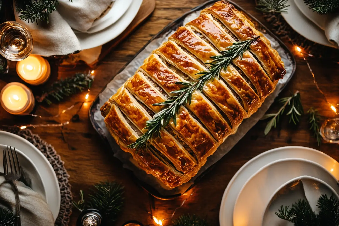 A gourmet Beef Wellington Recipe served on a sleek black plate. The golden puff pastry encases tender beef fillet layered with mushroom duxelles and prosciutto. Garnished with fresh thyme, the dish is presented under moody lighting, evoking an elegant fine-dining atmosphere.