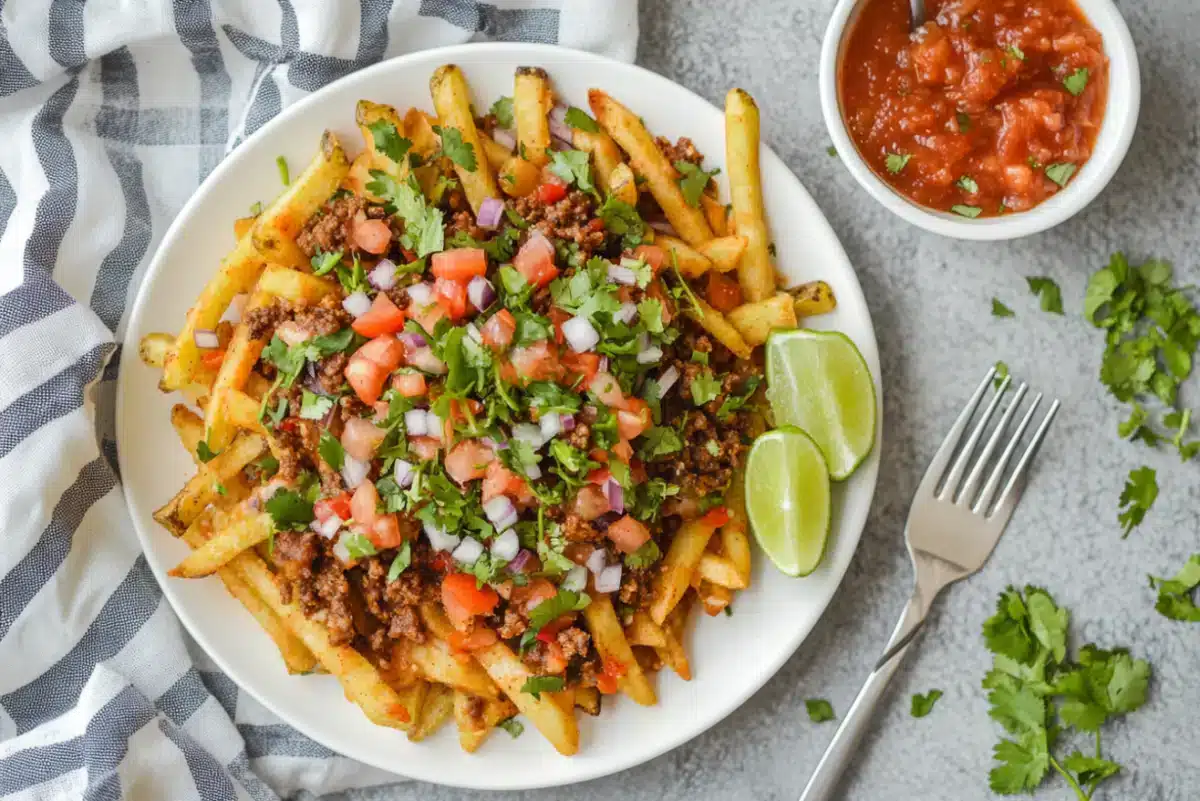 Crispy fries piled high with taco-seasoned ground beef, melted cheese, fresh lettuce, tomatoes, avocado, and a drizzle of sour cream.