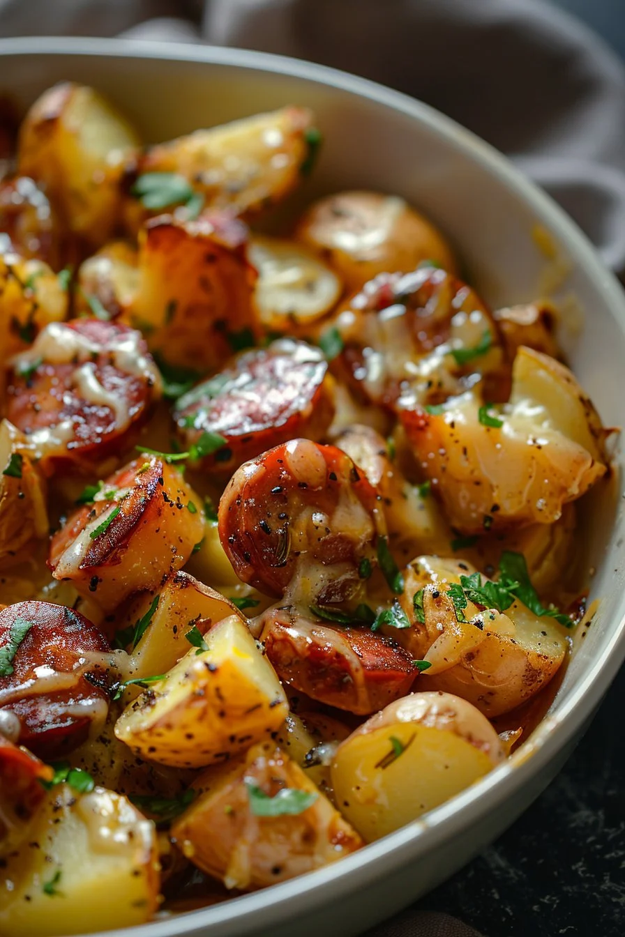 Cheesy Ranch Potatoes with Smoked Sausage served in a bowl