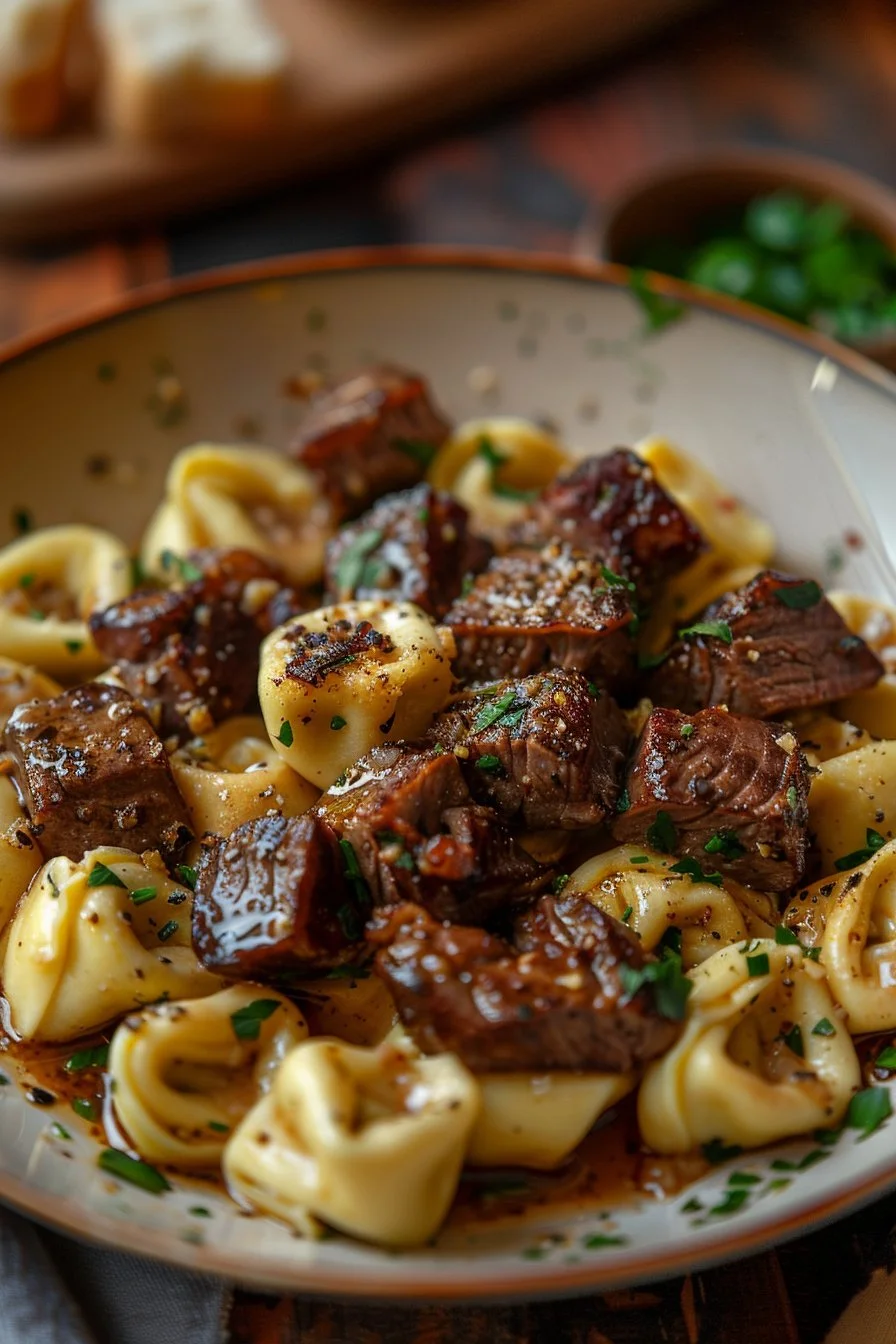 Cracked Garlic Steak Tortellini in Creamhouse Sauce served on a plate